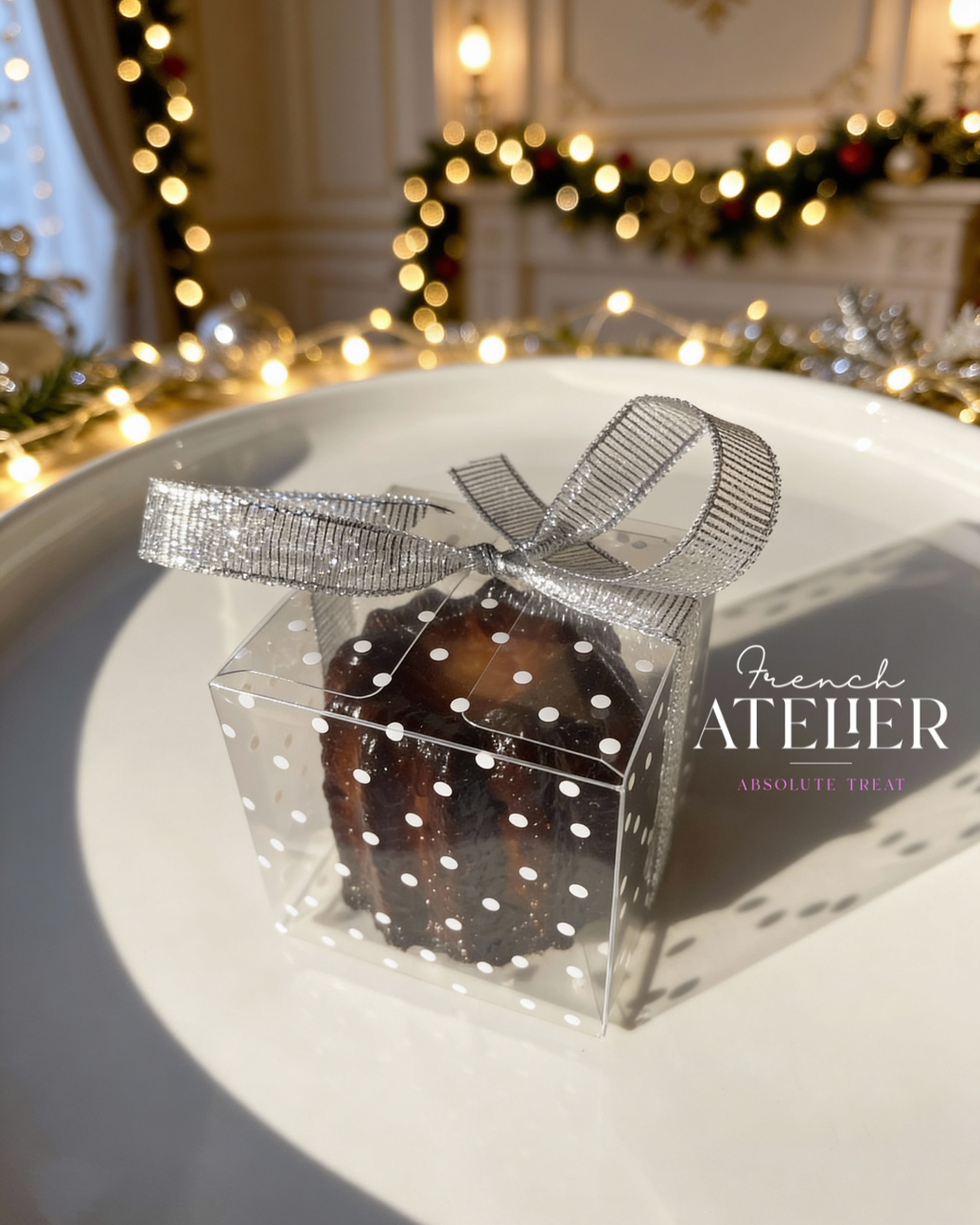 Individually wrapped French canelé favor with ribbon, perfect for wedding or baby shower gifts in Sarasota and Venice.