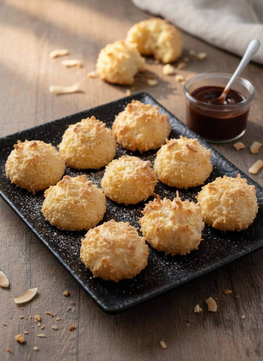 Bag of nine crispy and chewy French Coconut Clusters (Rocher Coco), gluten-free friendly treats.