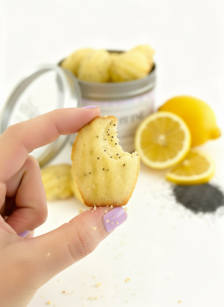 Traditional French Madeleines with lemon and poppy seeds, artisanal pastry from French Atelier Venice.