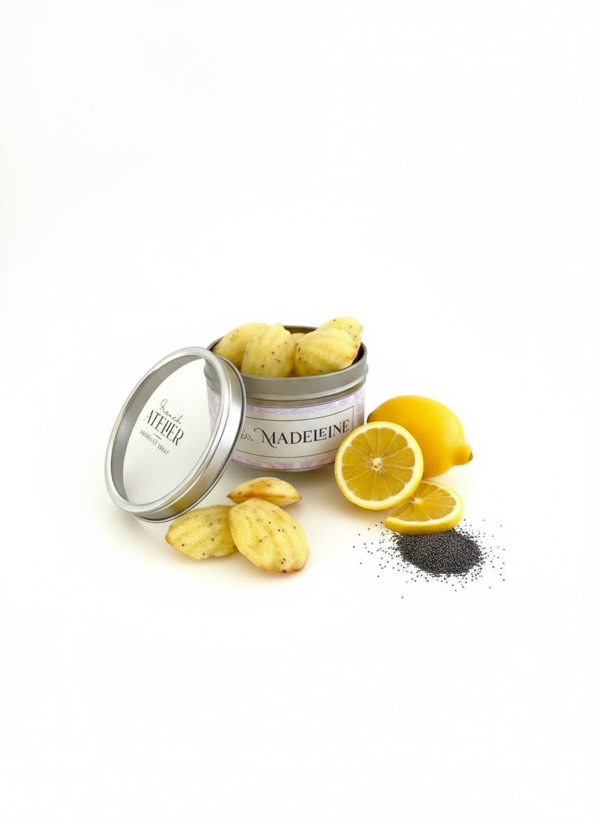 Traditional French Madeleines with lemon and poppy seeds, artisanal astry from French Atelier Venice.