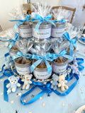 Elegant blue sweet tin for baby shower boy, filled with mini French treats, available for local delivery in Venice and Sarasota, Florida.