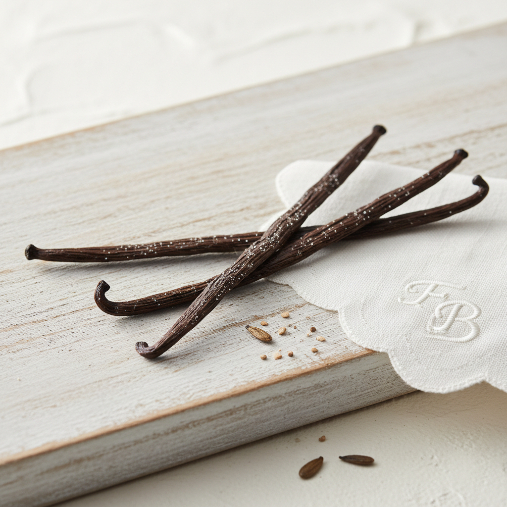 Three dark brown vanilla bean pods resting on a light wood board with a white embroidered fabric napkin featuring the letters 'FB'.Flavor available for the fresh meringues baked by French Atelier, Venice Florida. 
