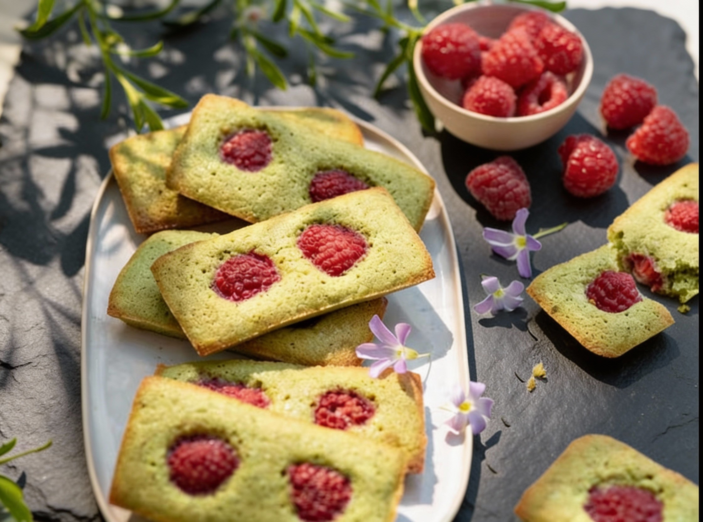 Green pastries with raspberries on a plate, surrounded by fresh raspberries and flowers.
A bag of traditional French pistachio rasberry Financier almond cakes, freshly baked in Venice FL for local delivery or pickup on Farmers market.