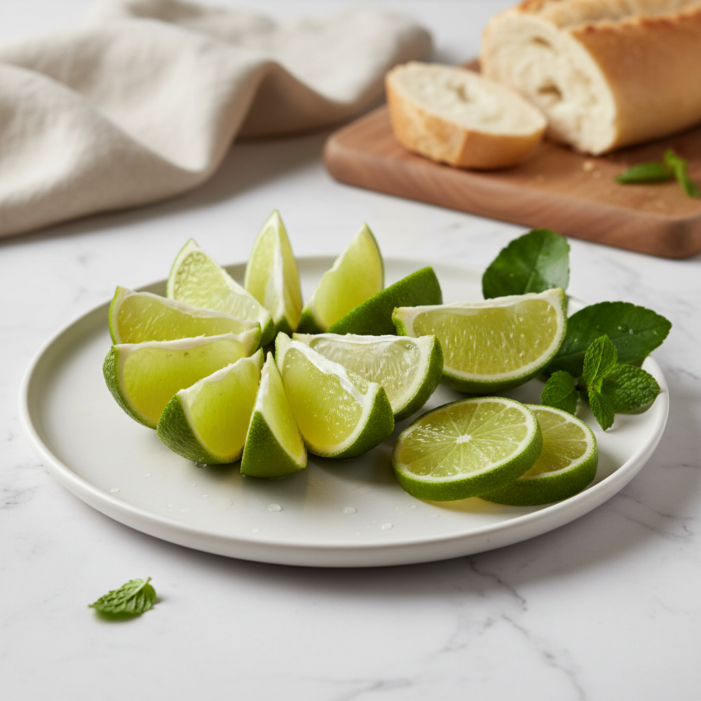 A white plate filled with fresh lime wedges and slices, garnished with mint leaves, set on a white marble surface. In the softly blurred background, sliced bread sits on a wooden cutting board next to a beige cloth.Flavor available for the fresh meringues baked by French Atelier, Venice Florida. 