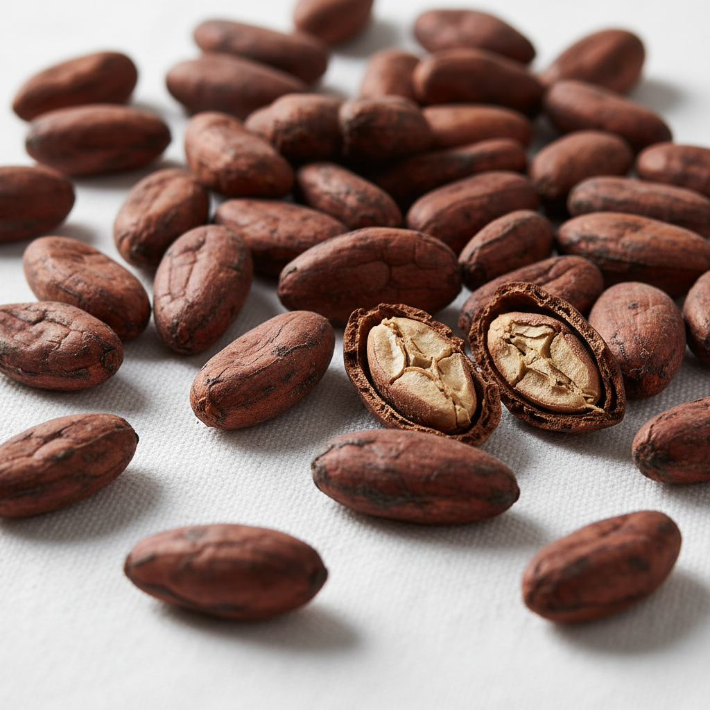 Cocoa beans scattered on a white textured surface, with two beans in the foreground cracked open to show the tan seed inside.Flavor available for the fresh meringues baked by French Atelier, Venice Florida. 